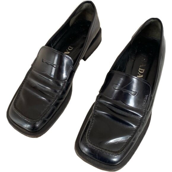 Vintage Prada 1990s Black Patent Square Toe Loafers - Picture 1 of 11